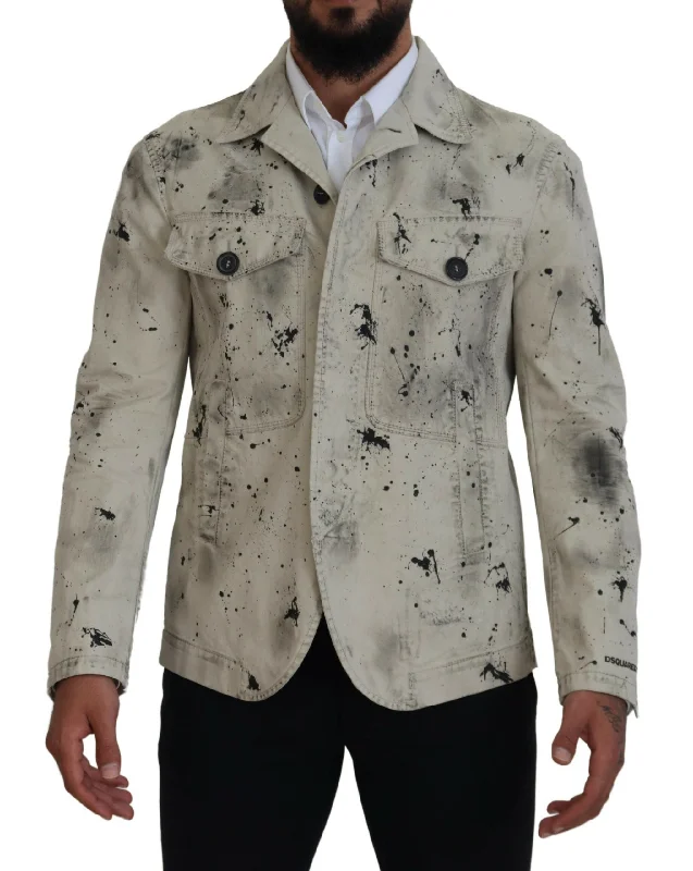 Men's warm quilted jackets-Dsqua² ivory  Splash Print Casual blue Men's Jacket