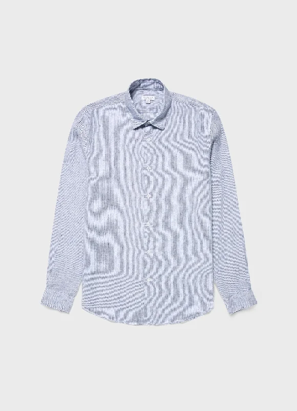 versatile short sleeve shirts with graphic prints for men -Men's Linen Shirt in White/Navy Micro Stripe