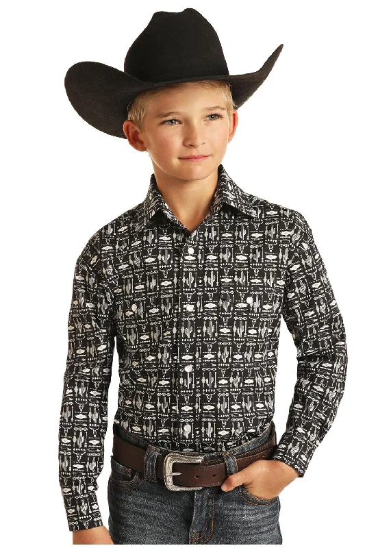 stylish short sleeve t-shirts for weekend relaxation -Panhandle Boy's Black with Grey Western Print Snap Up Western Shirt R2S1252