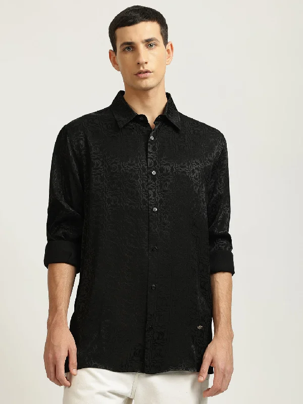 affordable summer short sleeve t-shirts for men -Just Cavalli Men Black Printed Spread Collar Full Sleeves Shirt