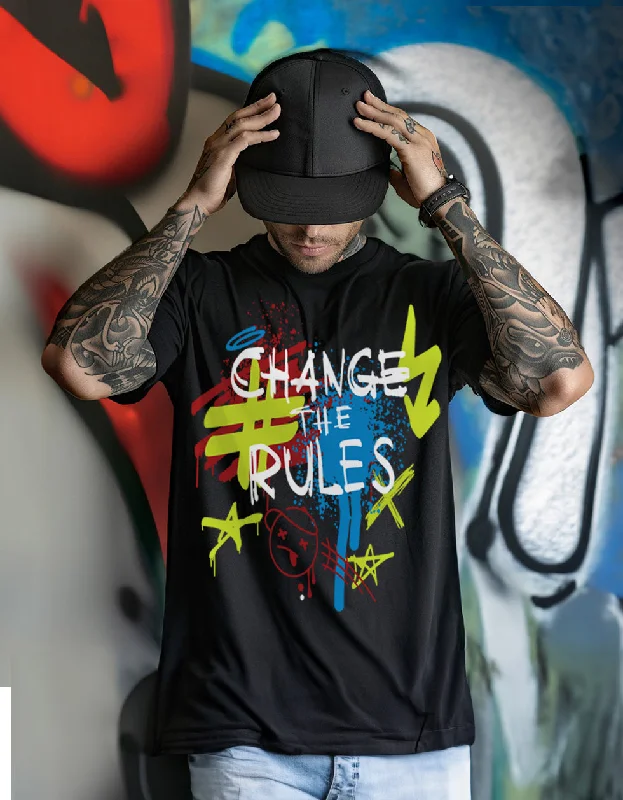 comfortable short sleeve shirts with relaxed cuts -CHANGE THE RULE Black Oversized Front Typographic Printed Tshirt