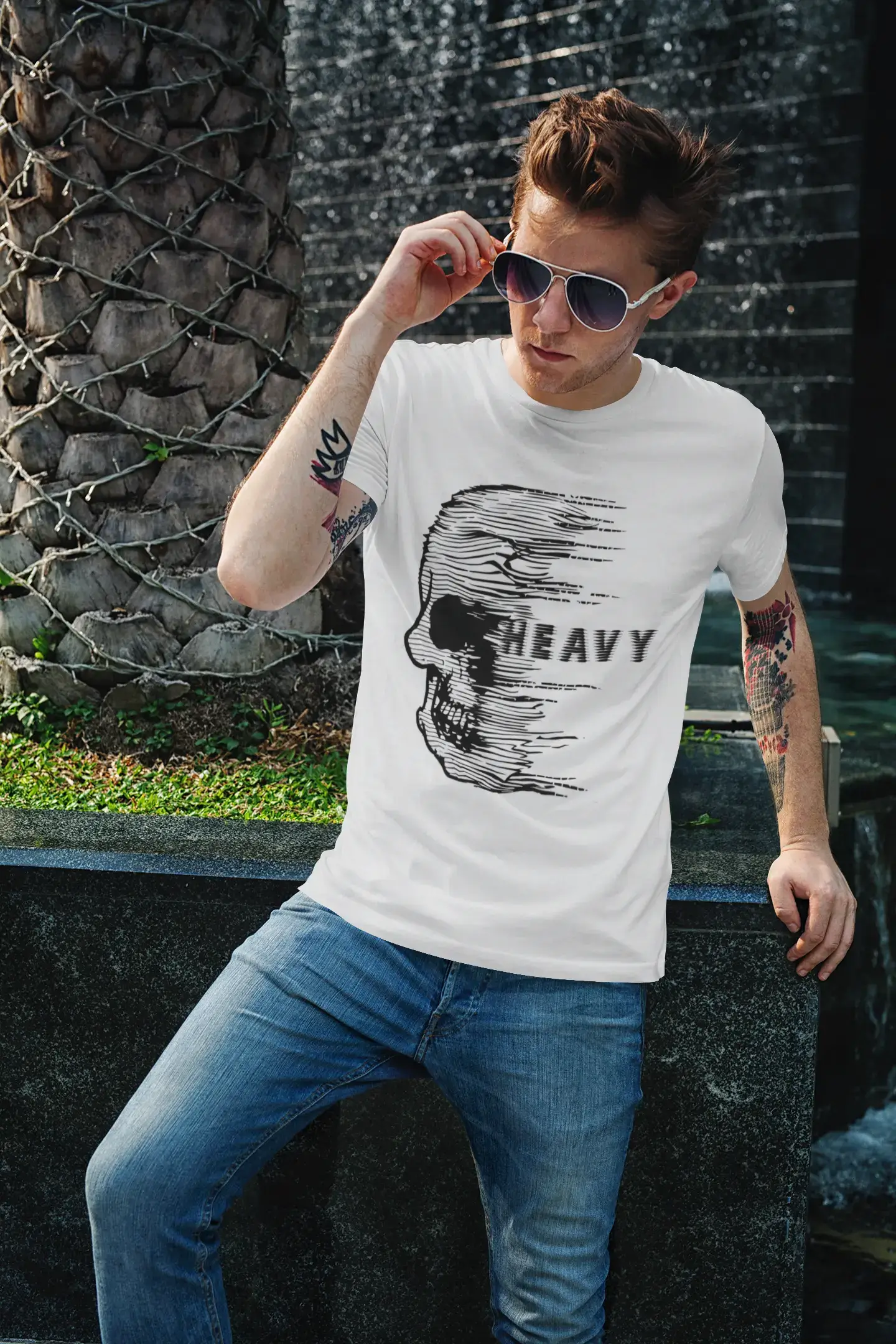 relaxed fit men’s short sleeve t-shirts for summer -Men's Vintage Tee Shirt Graphic T shirt Anxiety Skull HEAVY Vintage White