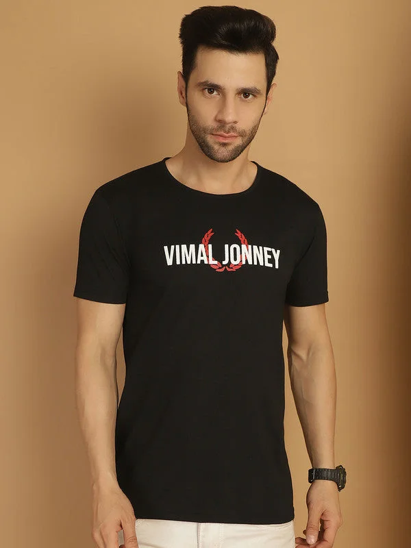 high-quality short sleeve shirts for everyday wear -Vimal Jonney Black Logo Printed Round Neck Cotton Half sleeves Tshirt For Men