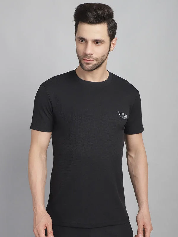 relaxed fit men’s short sleeve t-shirts for summer -Vimal Jonney Solid Black Round Neck Polyester Lycra Half sleeves Tshirt For Men