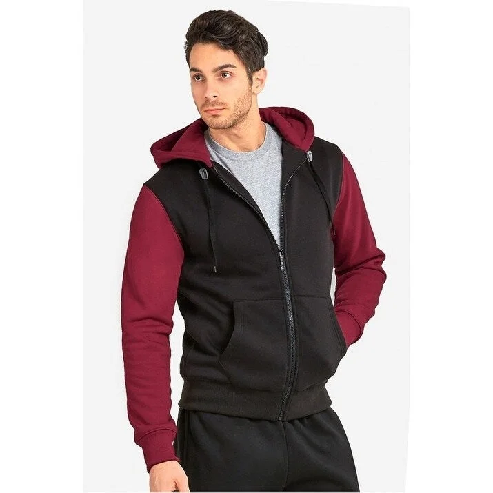 Men's dense fleece jackets-KNOCKER Men's Hooded Full Zip Two Tone Sweater - Black Burgundy