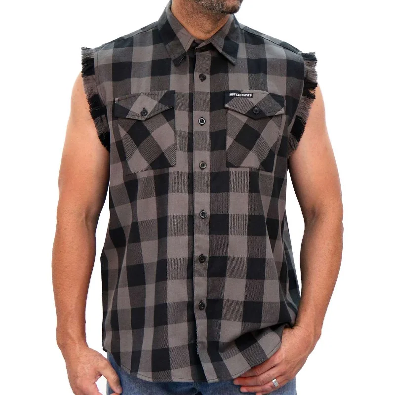 casual and relaxed short sleeve shirts for men -Hot Leathers FLM5203 Men's Sleeveless Fringe Grey and Black Flannel Shirt