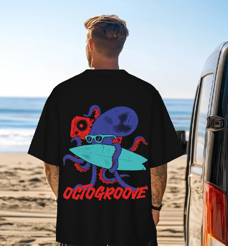 men’s casual short sleeve shirts with fun prints -OCTOGROOVE Black Oversized Graphic Back Printed Tshirt