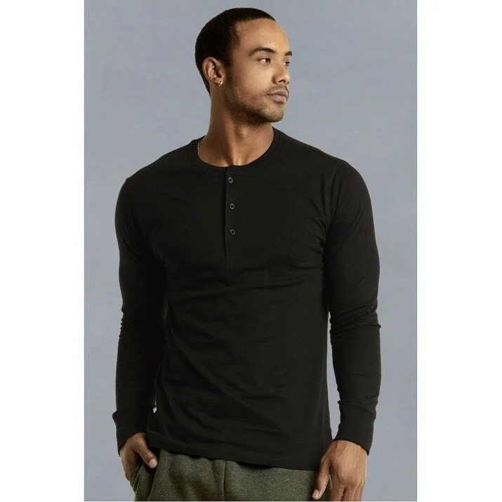 Men's thick puffer jackets-KNOCKER Men's Crew Neck Solid Cotton Henley Shirt - Black