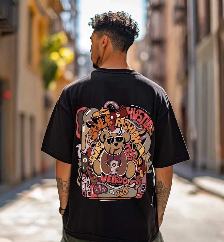 affordable short sleeve shirts with bold prints -Teddy Black Oversized Back Graphic Printed Tshirt