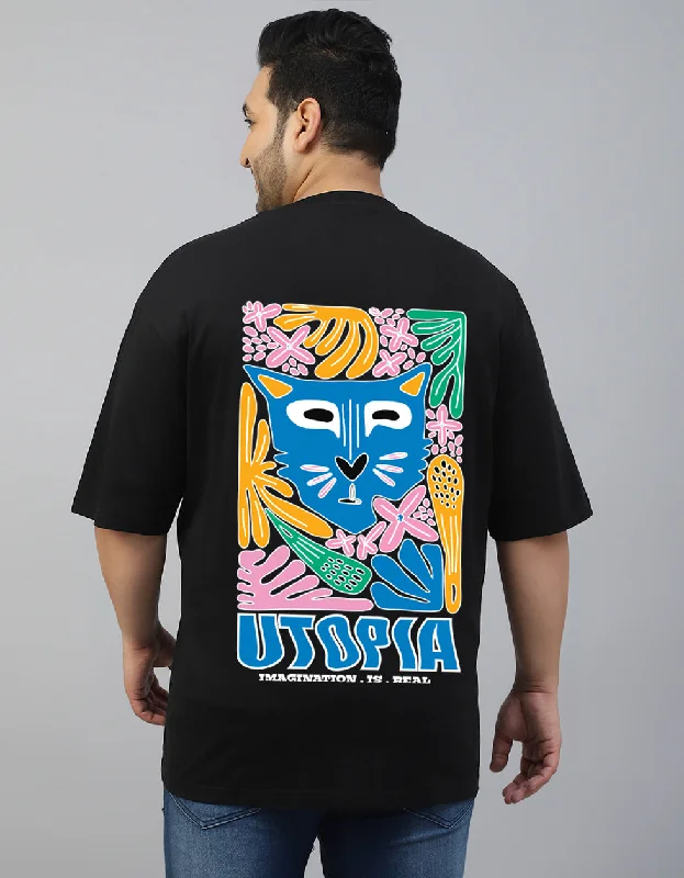 men’s breathable short sleeve t-shirts for outdoor events -Utopia Black Oversized Back Graphic Plus Size Printed Tshirt