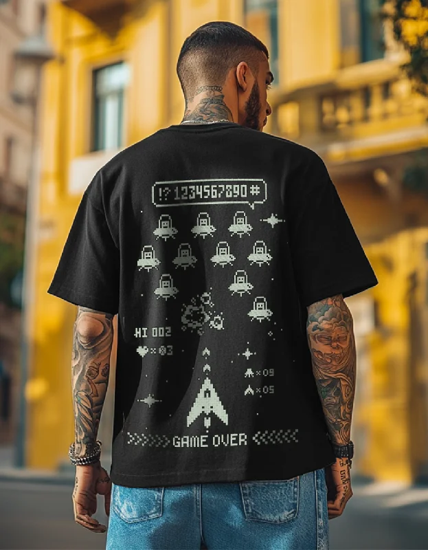 trendy short sleeve t-shirts with modern cuts -Game Over Black Oversized Back Graphic Printed Tshirt