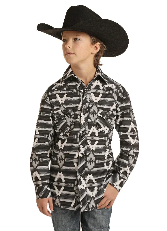 trendy short sleeve shirts for active lifestyle -Rock & Roll Cowboy Boy's  Black & Grey Aztec Snap Up Western Shirt B8S1296