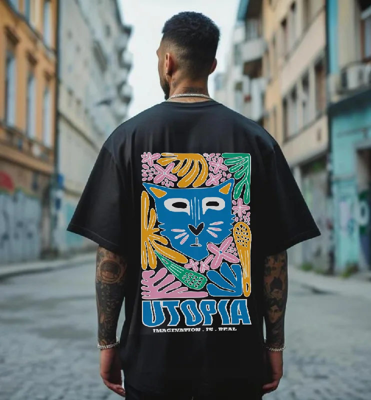 comfortable short sleeve shirts with unique prints -UTOPIA Black Oversized Graphic Back Printed Tshirt