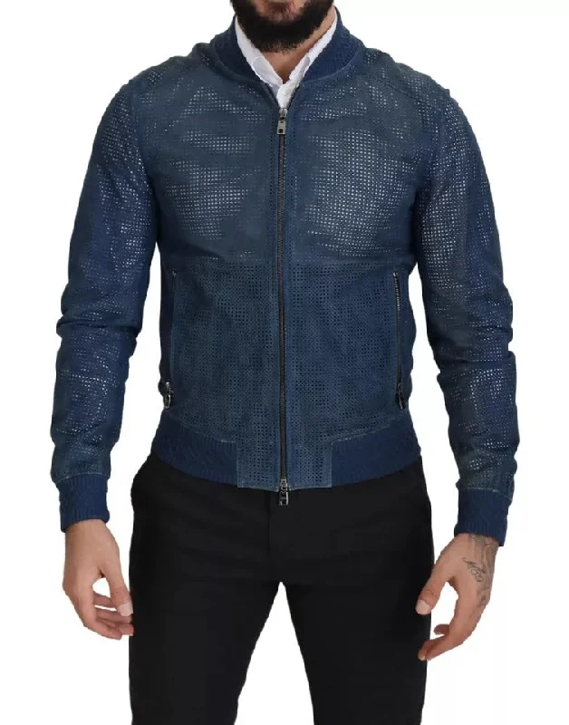 Men's sturdy rain jackets-Dolce & Gabbana  Leather Perforated Full Zip Men's Jacket (Pre-Owned)