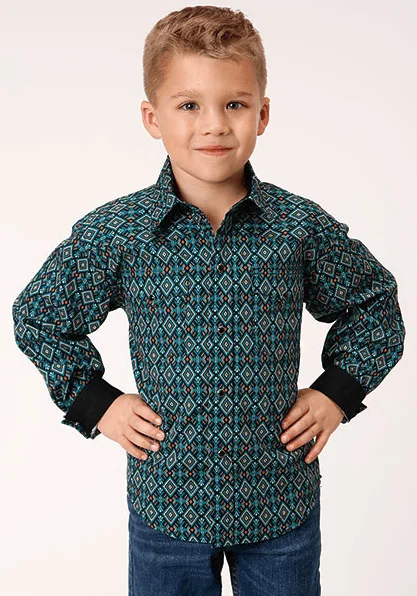 men’s casual short sleeve shirts with modern designs -Roper Boy's Black & Turquoise Snap Up Western Shirt 0064-0775