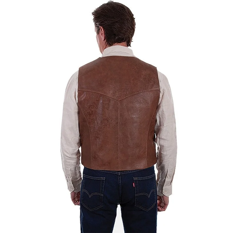 Men's windproof rain jackets-Scully Western Vest Mens Tailored Leather Snap Brown F0_1035