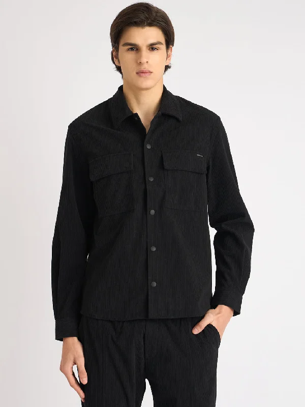 stylish short sleeve shirts for weekend trips -Antony Morato Men Black Solid Spread Collar Full Sleeves Corduroy Shirt