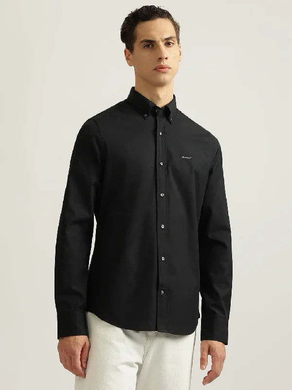 trendy short sleeve shirts with floral patterns -Gant Men Black Solid Buttoned Down Collar Full Sleeves Shirt