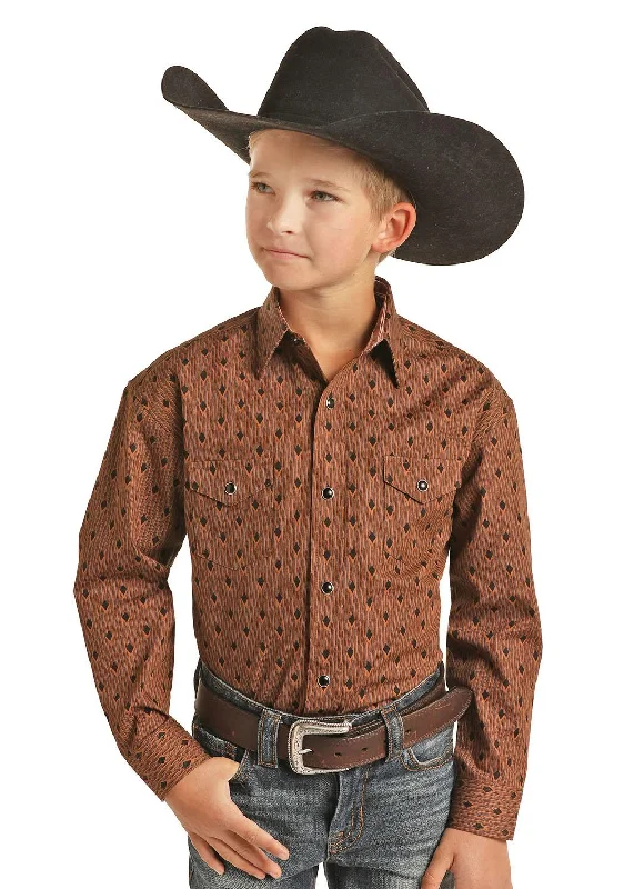 modern short sleeve shirts with a sleek fit -Panhandle Select Boy's Copper & Black Diamond Print Western Shirt C0S1621