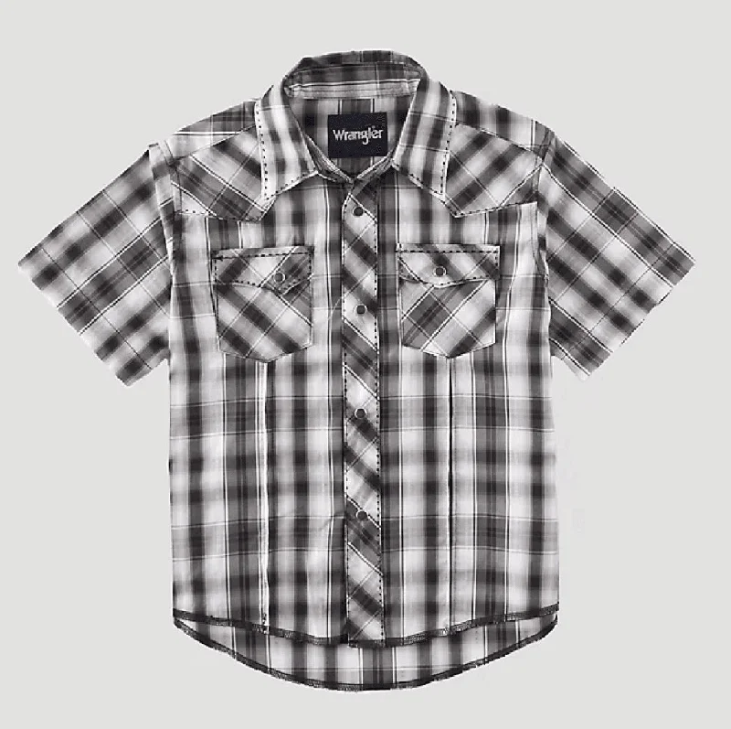 affordable short sleeve shirts for casual outings -Wrangler Boy's Black Plaid Short Sleeve Boy's Western Shirt 112314867