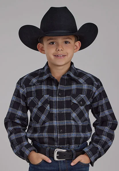 men’s stylish short sleeve shirts with striped designs -Roper Boy's Black Plaid Snap Up Long Sleeve Flannel Shirt 0782-6002BLK