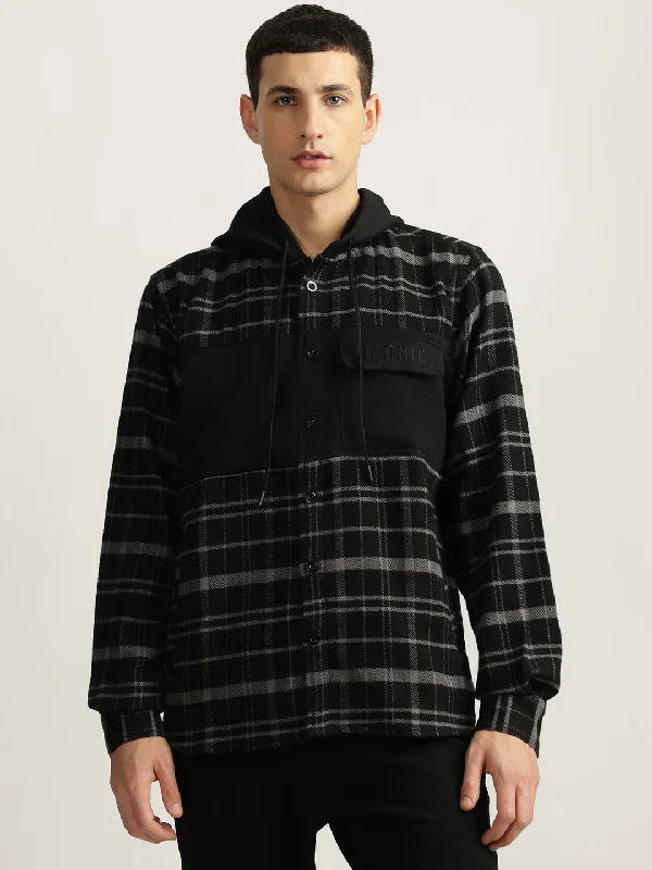 modern and stylish short sleeve shirts for men -Iconic Men Black Checked Hooded Full Sleeves Shirt