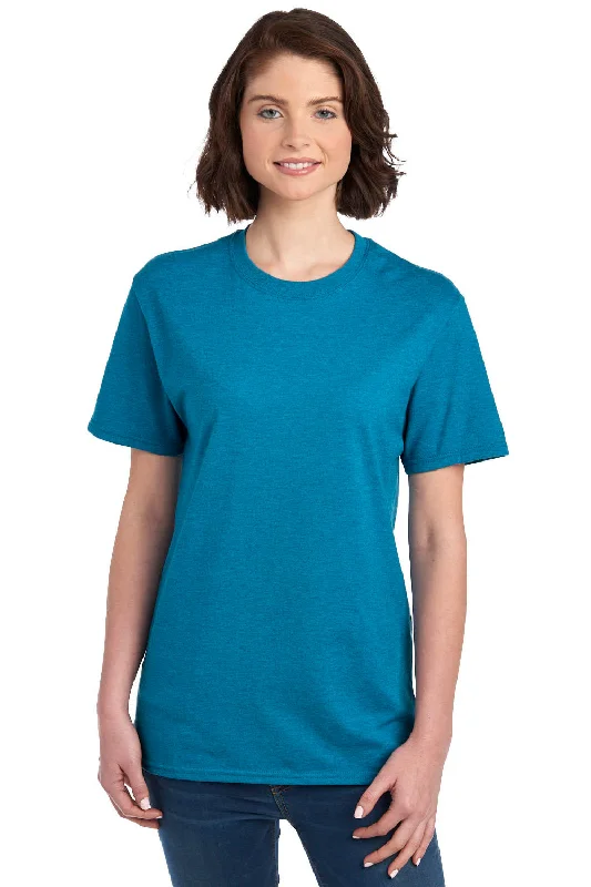 trendy short sleeve shirts for fitness and travel -Jerzees Mens Premium Blend Moisture Wicking Short Sleeve Crewneck T-Shirt - Heather Digi Teal Blue