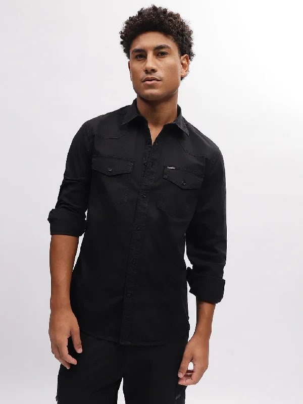 comfortable short sleeve shirts with relaxed cuts -Iconic Men Black Solid Spread Collar Full Sleeves Shirt