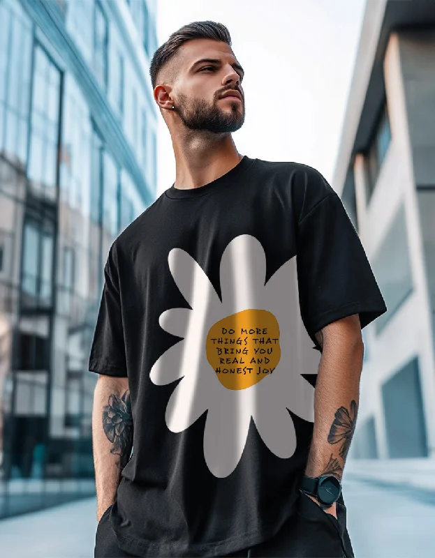 trendy men’s short sleeve shirts for casual outings -Flower Black Oversized Placement Graphic Printed Tshirt