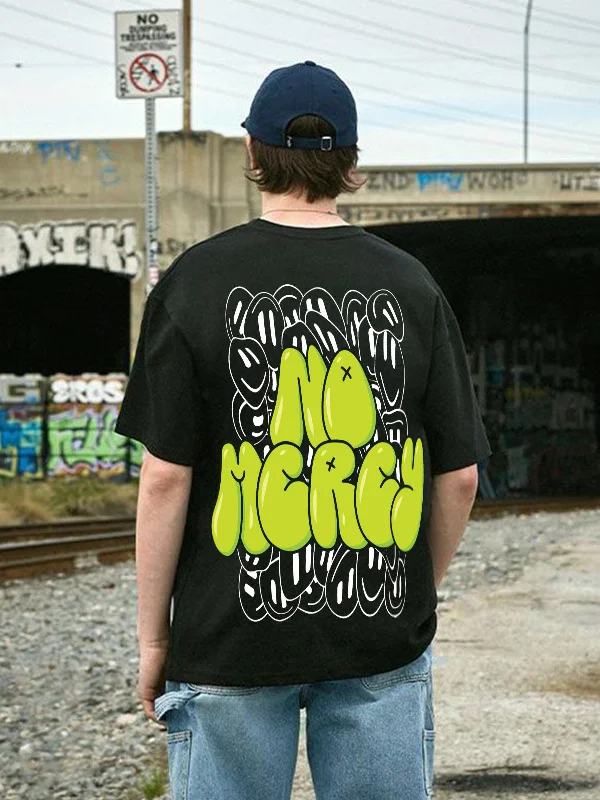 men’s short sleeve shirts for both casual and formal events -NO MERCY Black Back Oversized Typographic Printed Tshirt