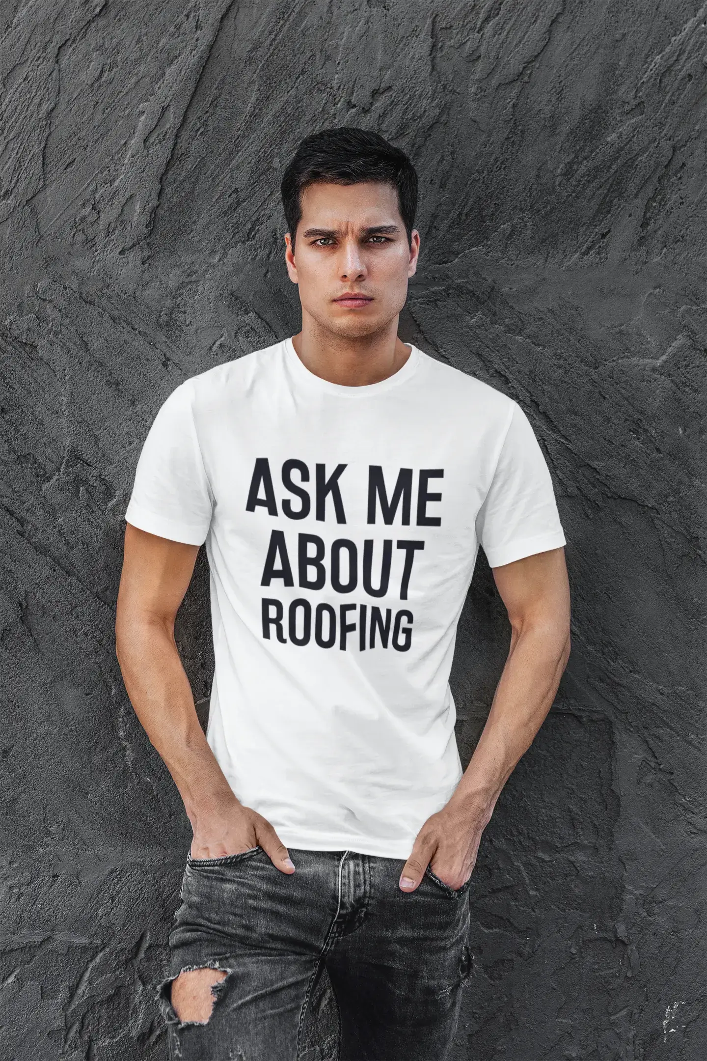 stylish short sleeve shirts for weekend trips -Ask me about roofing, White, Men's Short Sleeve Round Neck T-shirt 00277