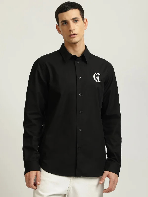 men’s short sleeve shirts with bold graphics -Just Cavalli Men Black Solid Spread Collar Full Sleeves Shirt