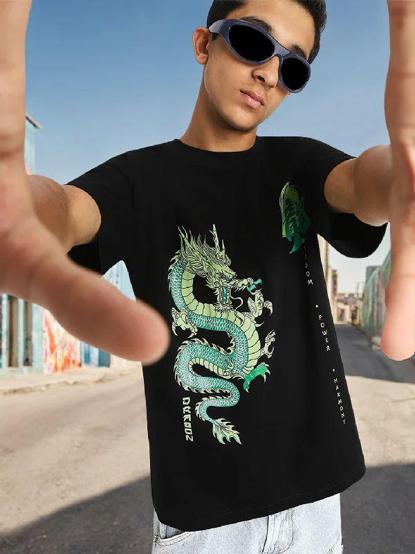 stylish short sleeve shirts for daily wear -Dragon Black Oversized Graphic Front Printed Boys T-shirt