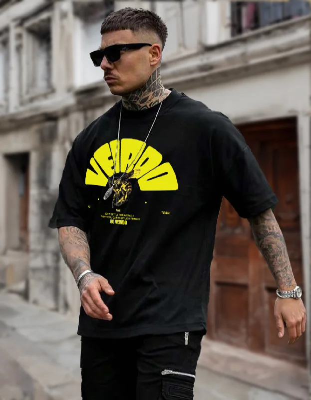 men’s printed short sleeve shirts for casual outings -Veirdo Black Oversized Chest Graphic Printed Tshirt