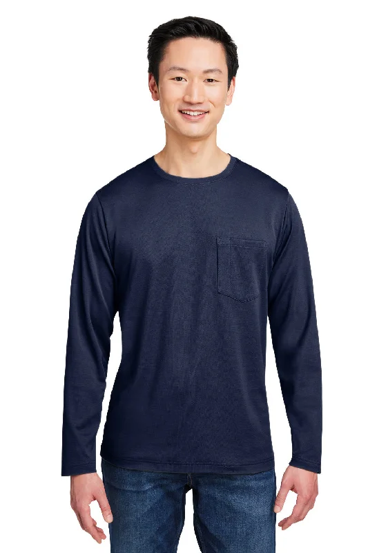 men’s classic short sleeve t-shirts for all occasions -Harriton Mens Charge Moisture Wicking Long Sleeve Crewneck T-Shirt w/ Pocket - Dark Navy Blue