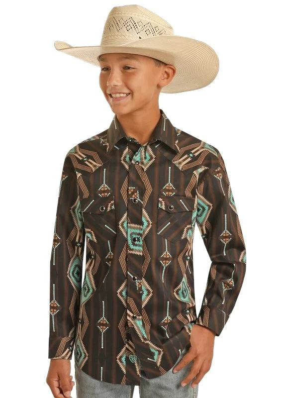 modern men’s short sleeve shirts with minimalist patterns -Rock & Roll Cowboy Boys Black & Turquoise Aztec Woven Snap Up Long Sleeve Western Shirt BBN2S03938