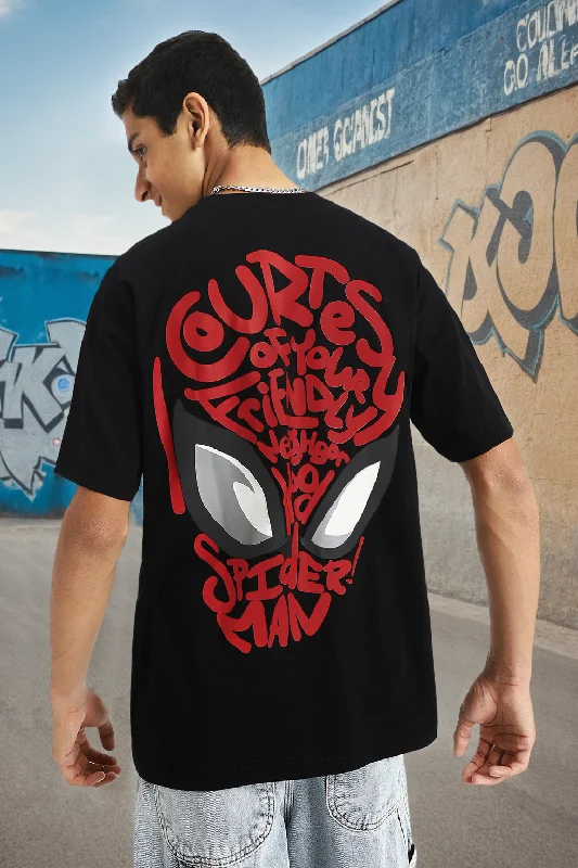 men’s trendy short sleeve shirts for evening wear -Spiderman Black Oversized Graphic Back Printed Boys T-shirt