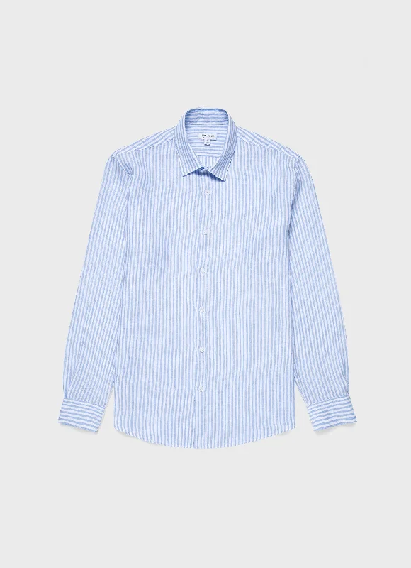 comfortable short sleeve shirts for work wear -Men's Linen Shirt in Mid Blue/White