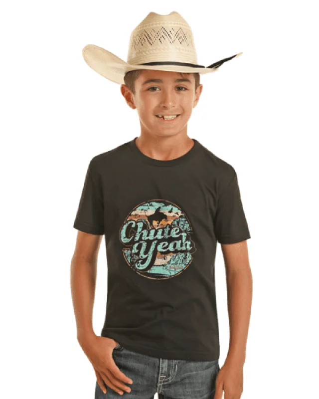 classic short sleeve shirts for casual days out -Rock & Roll Cowboy Boy's Dale Brisby Black Chute Yeah Graphic Tee BB21T03691