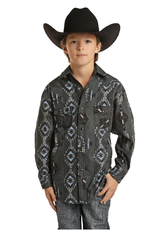 men’s premium short sleeve shirts for summer fashion -Rock & Roll Cowboy Boy's Aztec Grey/Black/Blue Snap Up Western Shirt B8S1307