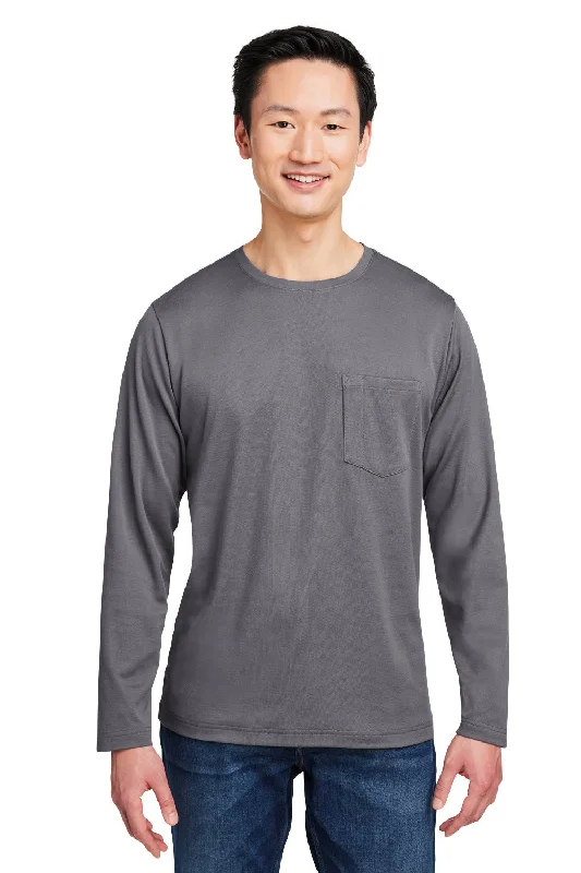 comfortable and cool short sleeve shirts for summer -Harriton Mens Charge Moisture Wicking Long Sleeve Crewneck T-Shirt w/ Pocket - Dark Charcoal Grey