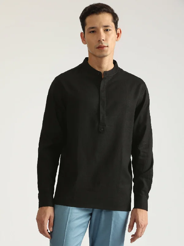 comfortable short sleeve shirts with modern designs -Antony Morato Men Black Solid Band Collar Full Sleeves Shirt