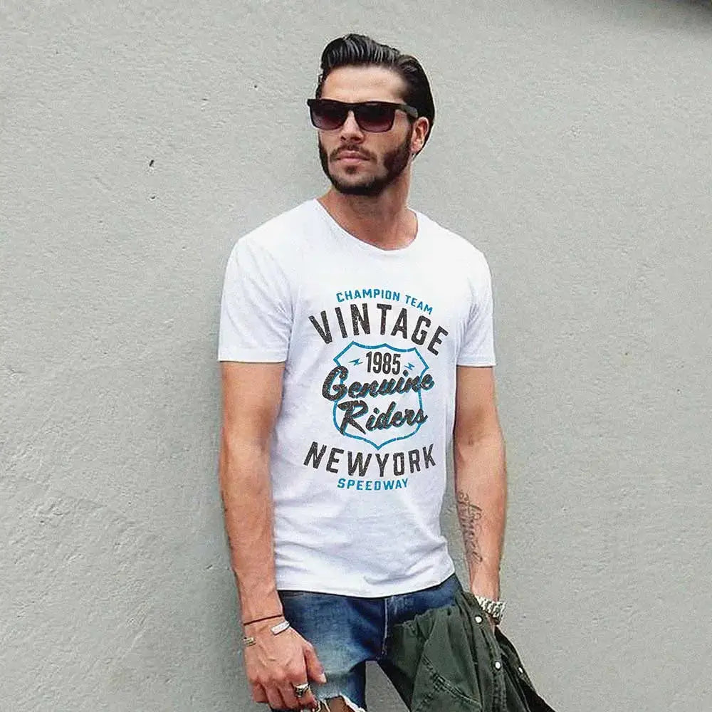 comfortable short sleeve shirts with relaxed cuts -Men's Vintage Tee Shirt Graphic T shirt Genuine Riders 1985 White Round Neck