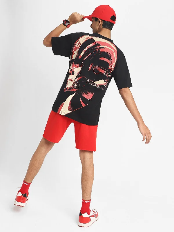 versatile short sleeve shirts for hot summer days -Starwar Black Oversized Graphic Back Printed T-shirt