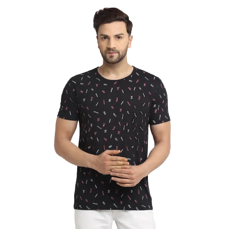 men’s short sleeve shirts with printed logos -VIMAL JONNEY Men's Black Printed Round Neck Tshirt