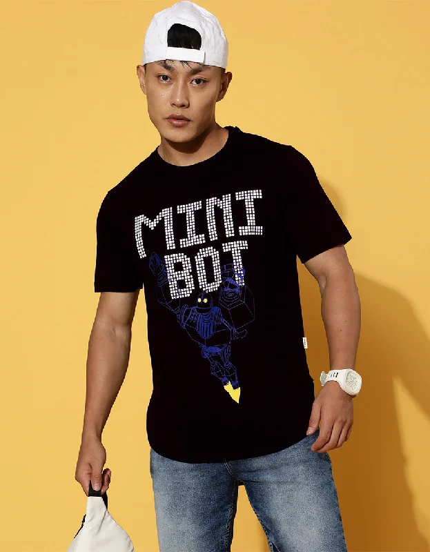 men’s fashionable short sleeve shirts for outdoor events -Mini Bot Black Regular Chest Graphic Printed Tshirt