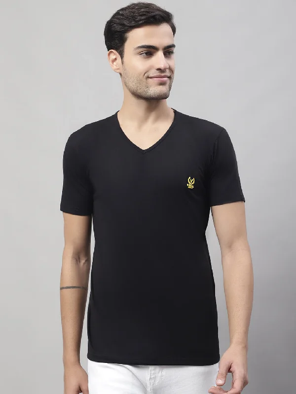 men’s short sleeve shirts with vibrant prints -Vimal Jonney V Neck Cotton Solid Black T-Shirt for Men