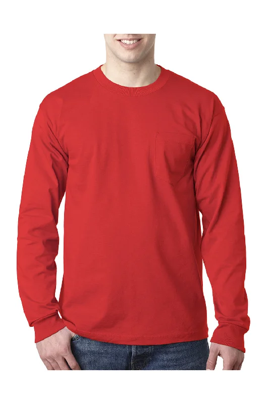 stylish and comfortable short sleeve shirts for men -Bayside Mens USA Made Long Sleeve Crewneck T-Shirt w/ Pocket - Red