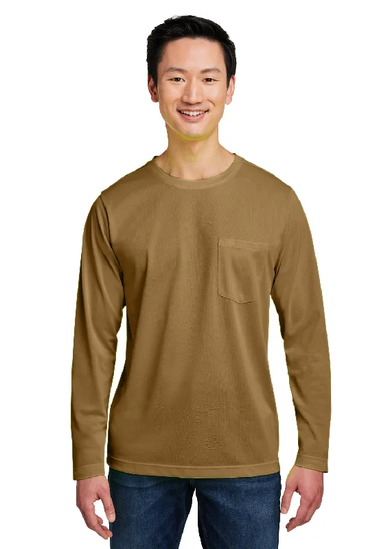 stylish short sleeve shirts with bold prints -Harriton Mens Charge Moisture Wicking Long Sleeve Crewneck T-Shirt w/ Pocket - Coyote Brown