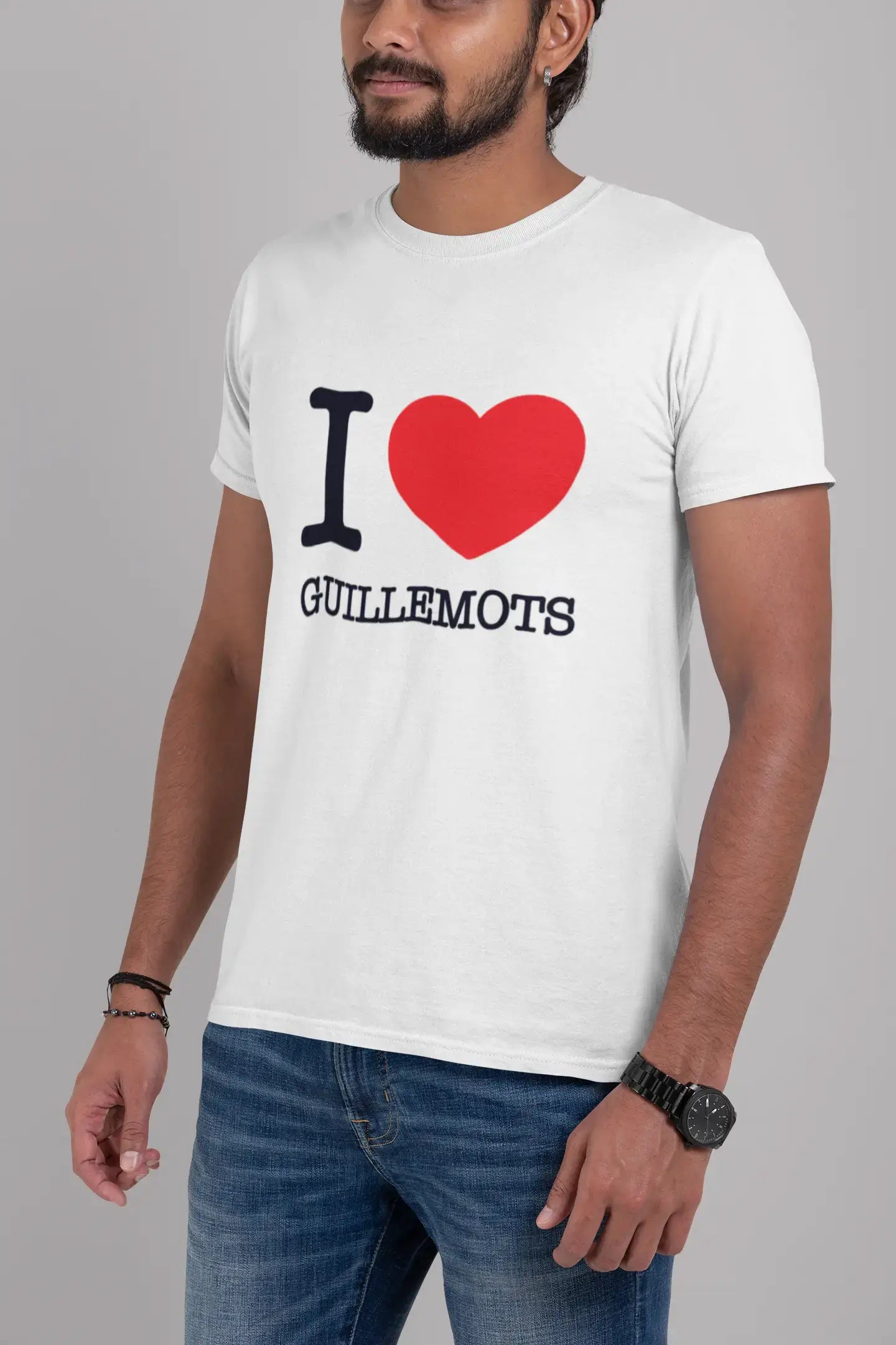 men’s classic short sleeve button-up shirts -GUILLEMOTS, I love animals, White, Men's Short Sleeve Round Neck T-shirt 00064